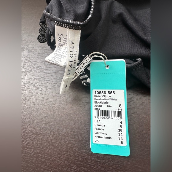 Seafolly NWT Sz US 4 Black White Stripe One-Piece Swim Swimsuit Lace Halter - Picture 9 of 10